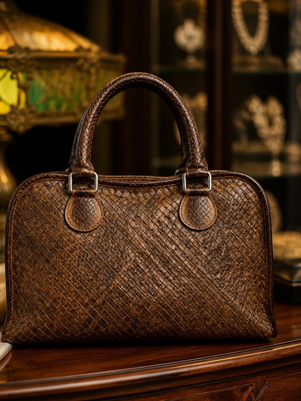 Woven authentic python skin Satchel Handbag - Brown